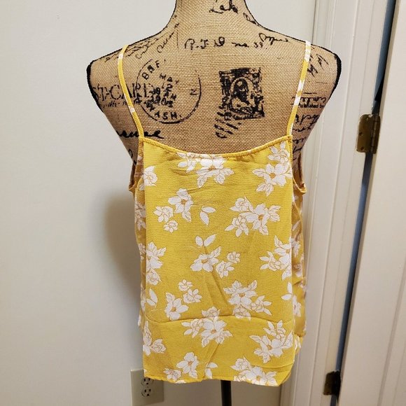 Lush Shirt Womens Large Yellow Floral Spaghetti Strap Crop Polyester V-Neck - Picture 2 of 10